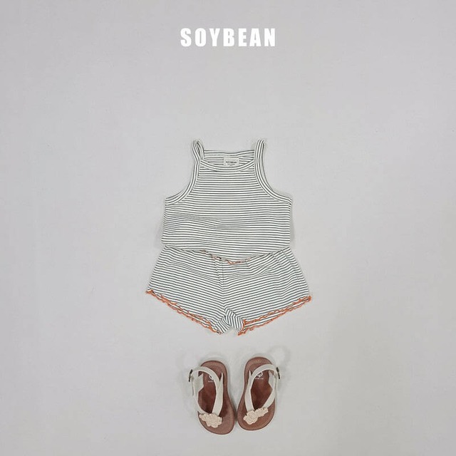 【即納】SOYBEAN 26/SM ボーダーひらひら上下セット　アイボリー｜夏服｜韓国子供服