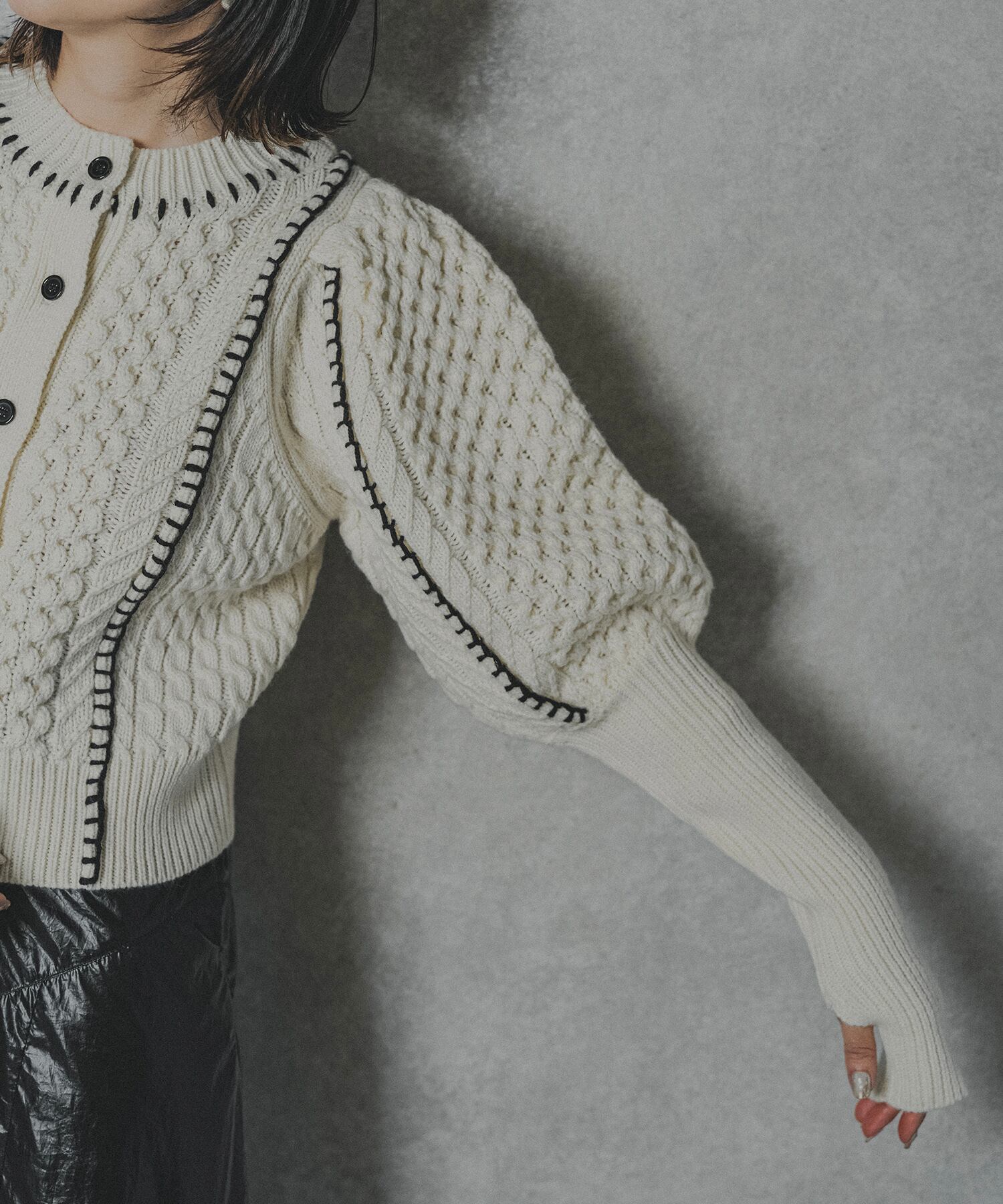 HAND STITCH DESIGN CABLE CARDIGAN (IVORY) | ANOGH