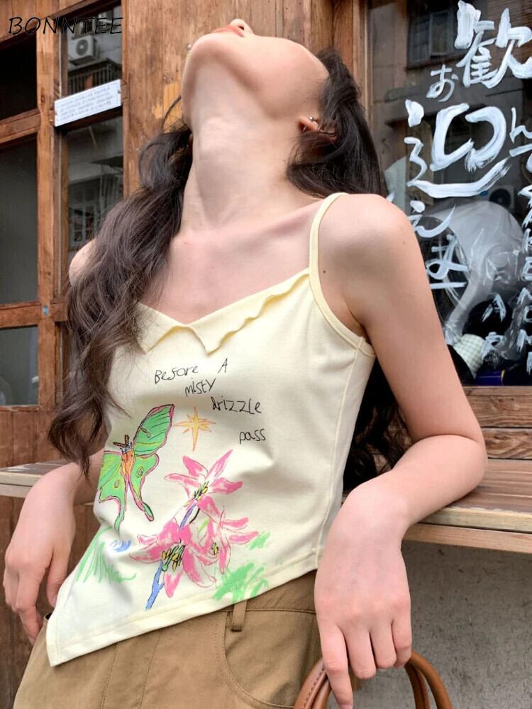【新作】【送料無料】 草原シックなキャミソール女性プリント不規則な Hotsweet Ins ヴィンテージ原宿夏休みビーチファッションかわいい面白い服 0291224050238