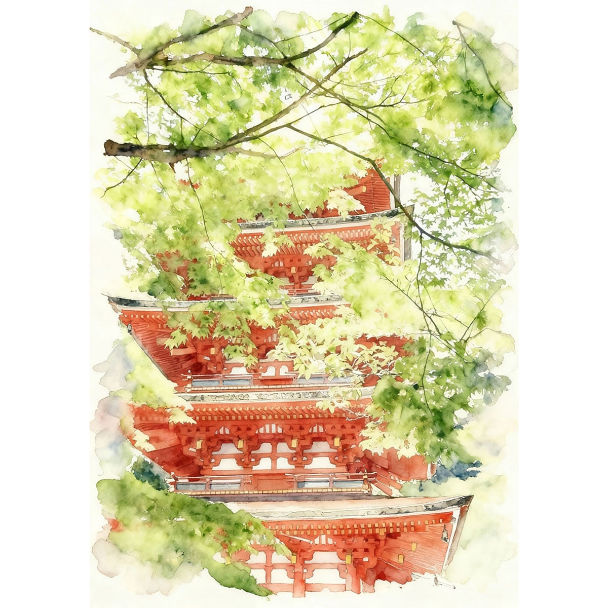 絵画(風景画) 日本 奈良県 長谷寺の新緑 インテリアアート額付き 水彩画・油絵調 WAT1264