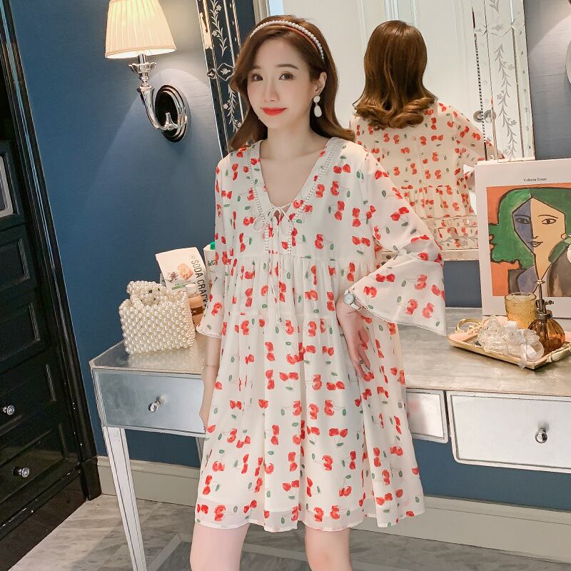 【新作】【送料無料】 マタニティドレス2020夏の新しいシフォンチェリープリントドレス小さな新鮮なミドル丈Vネックマタニティドレス-アリババ サマー 夏物 expec286498488543
