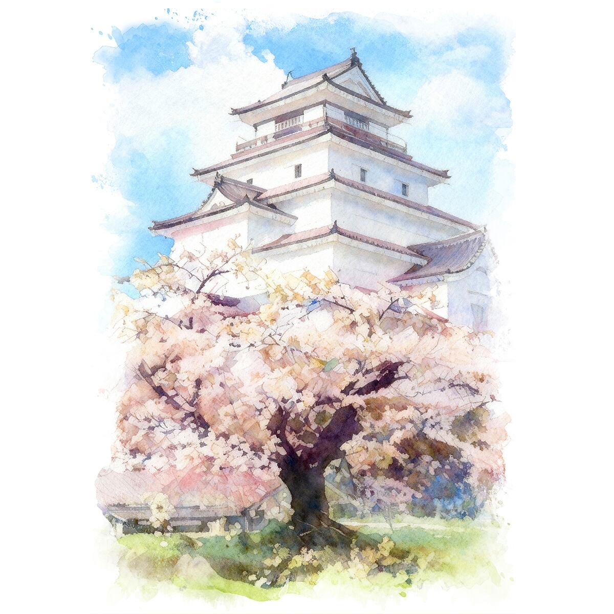 絵画 風景画 日本の城 福島県会津若松城(鶴ヶ城) インテリアアート額付き 水彩画・油絵風 WAT0950