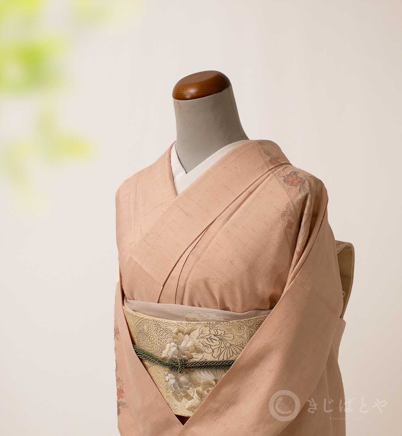 正絹紬 今様色に刺繍の付け下げ 単衣