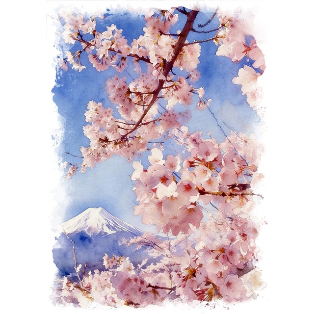 絵画(風景画) 日本 山梨県 新倉山浅間公園の桜 インテリアアート額付き 水彩画・油絵調 WAT1223