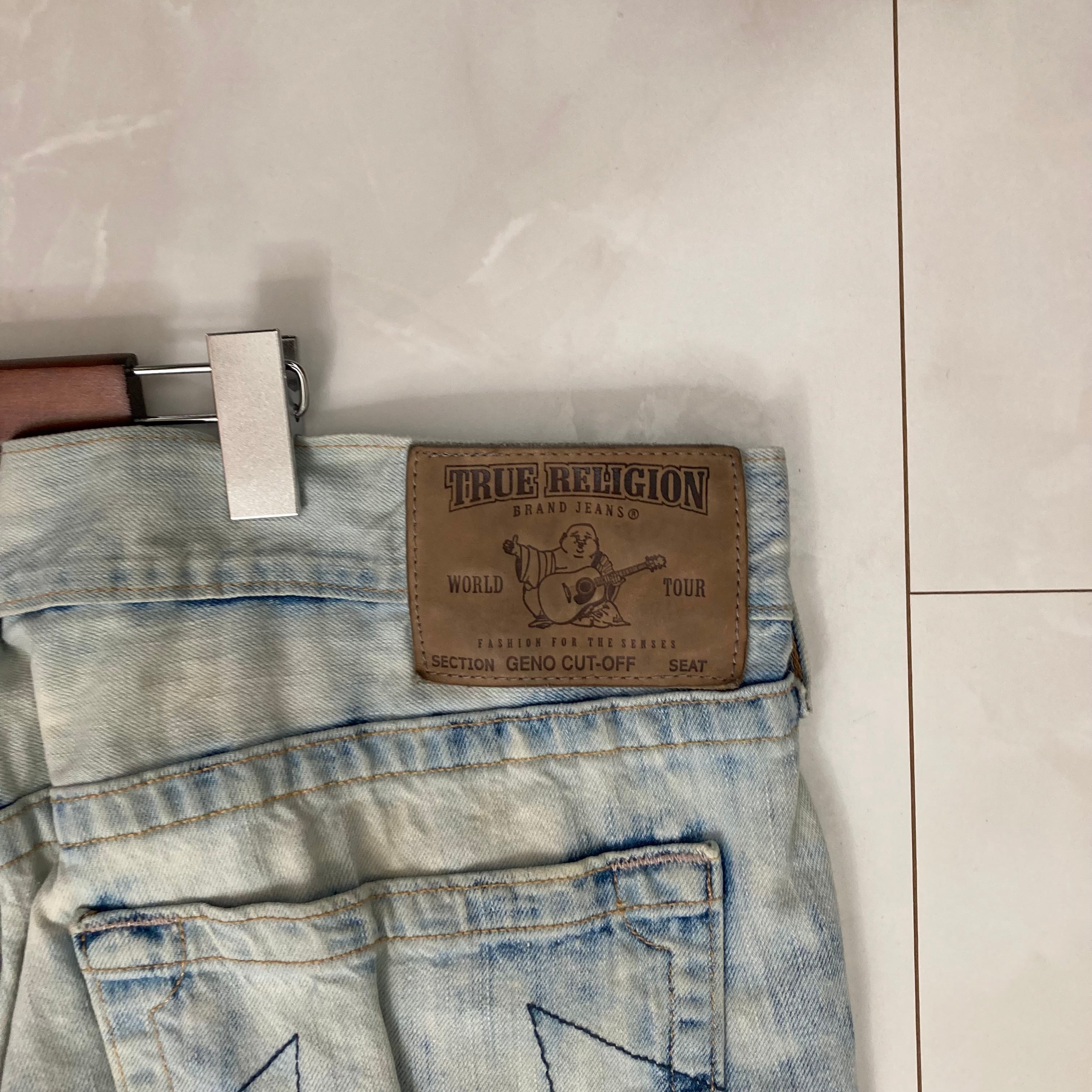 Made in USA】【W40】TRUE RELIGION Hip Hop デニムショーツ 革パッチ 