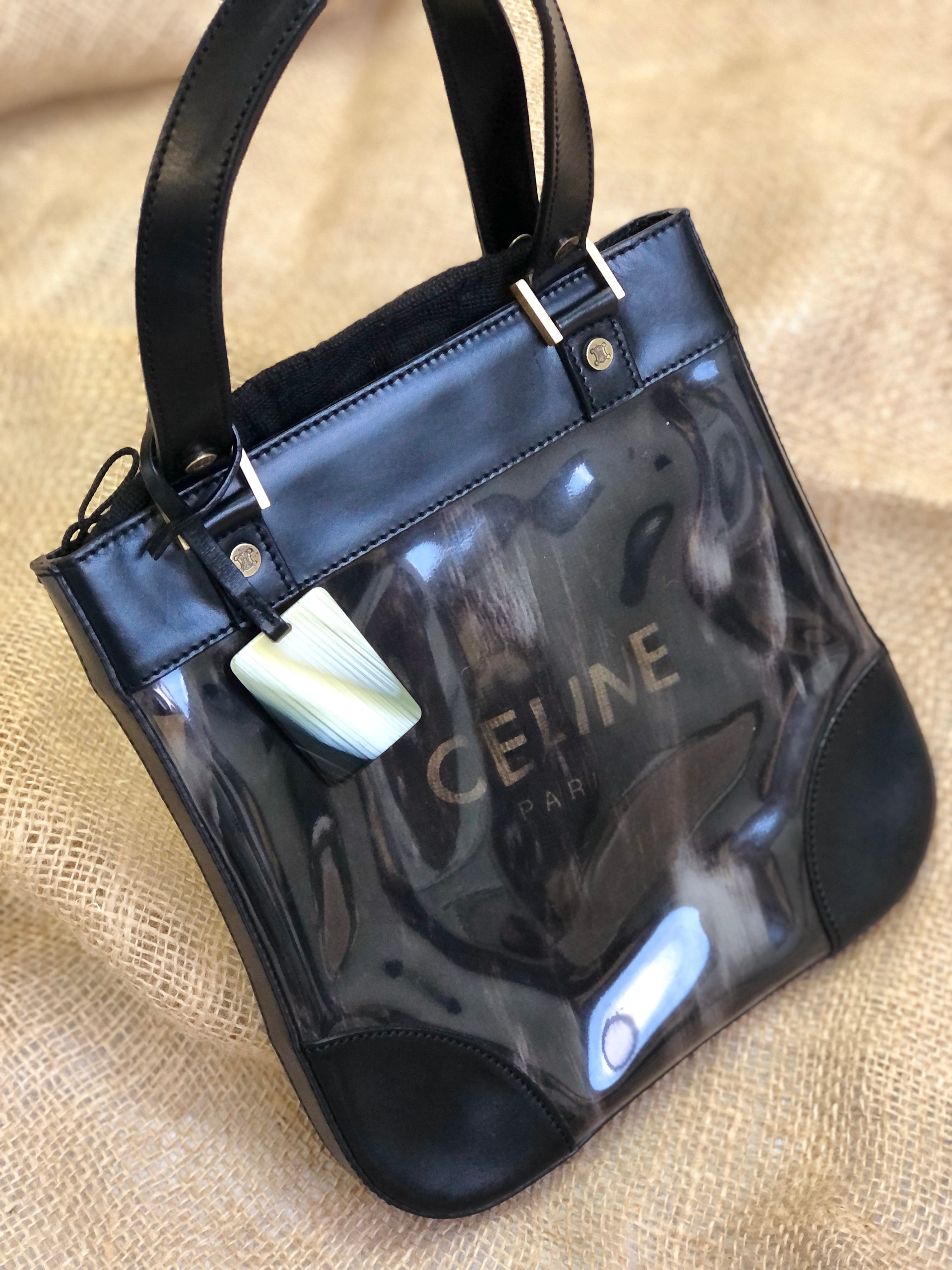 CELINE　セリーヌ　ブラゾン　クリア　プレートチャーム　レザー×PVC　ハンドバッグ　ブラック　vintage　ヴィンテージ　オールドセリーヌ　 ercjxm | VintageShop solo powered by BASE