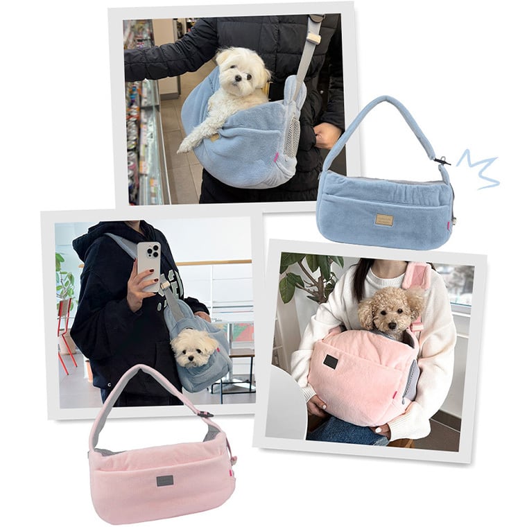 basics cozy sling bag Mサイズ 2color / 犬用 スリングバッグ 冬用 抱っこ紐 M ぽかぽか 暖かい バッグ 防寒 ボア メッシュ お出かけ 収納 シンプル ショルダーバッグ 韓国ワンコ服 フリース 小型犬