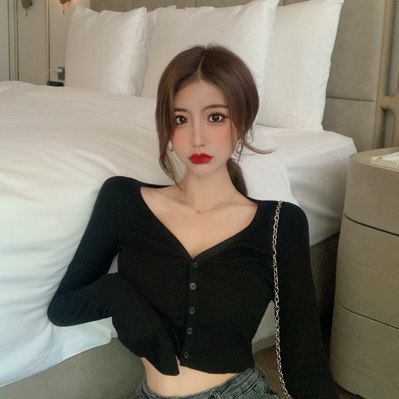 Vネックニットボトミングシャツ長袖Tシャツレディース2020年秋新作スリム・シンショートクロップドブラックトップトレンド ドラファッションホール31450510889