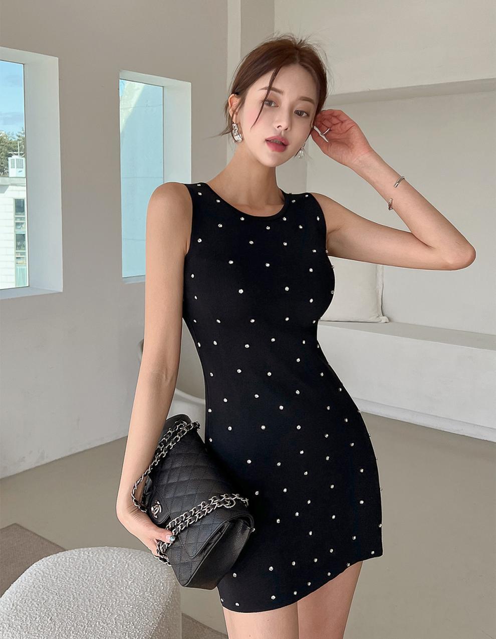 可愛い ビジュー ノースリーブ ミニ ワンピース ビッグリボン dress】ビジュー付きノースリーブミニワンピース N2541 | nanastyle