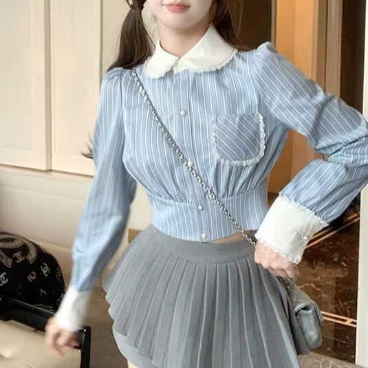 ストライプクロップドフリルシャツ