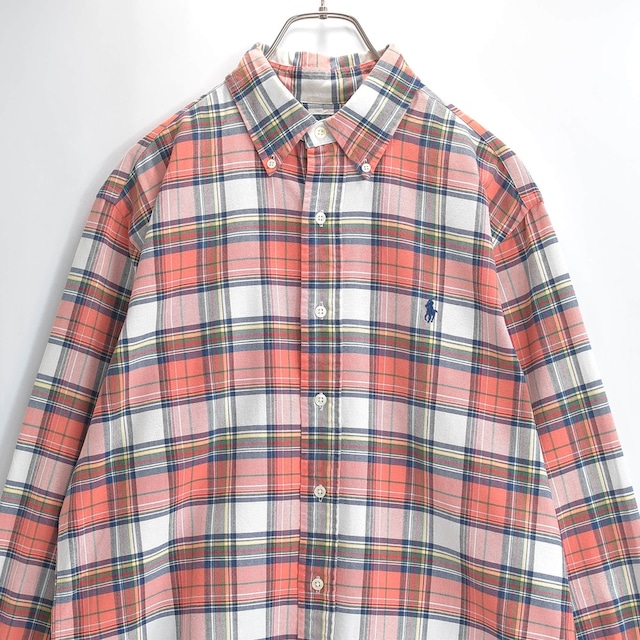 Ralph Lauren ラルフローレン 長袖 ボタンダウンシャツ ポニー刺繍 オックスフォード CLASSIC FIT タータンチェック トラッド オレンジ USED ヴィンテージ ビンテージ 古着 メンズ M