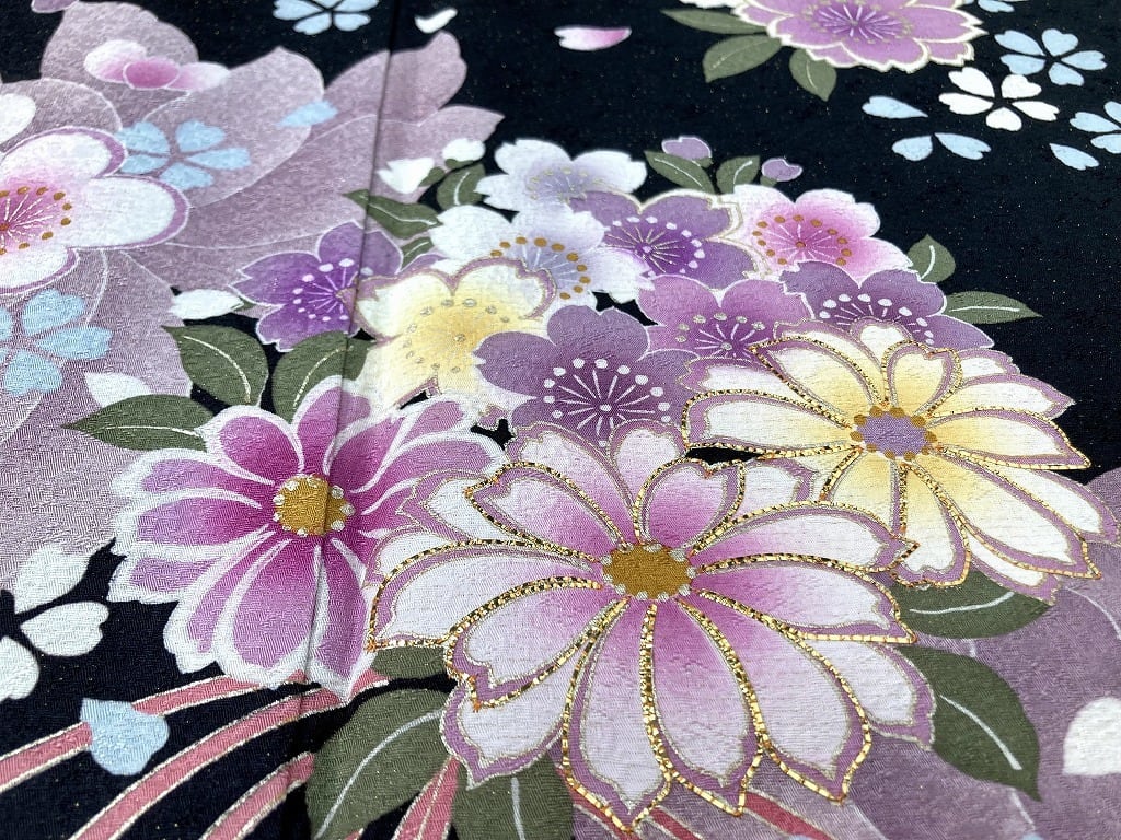 振袖 3点セット 金通し 金駒刺繍 袋帯 襦袢 花柄 桜 梅 菊 正絹 黒 白