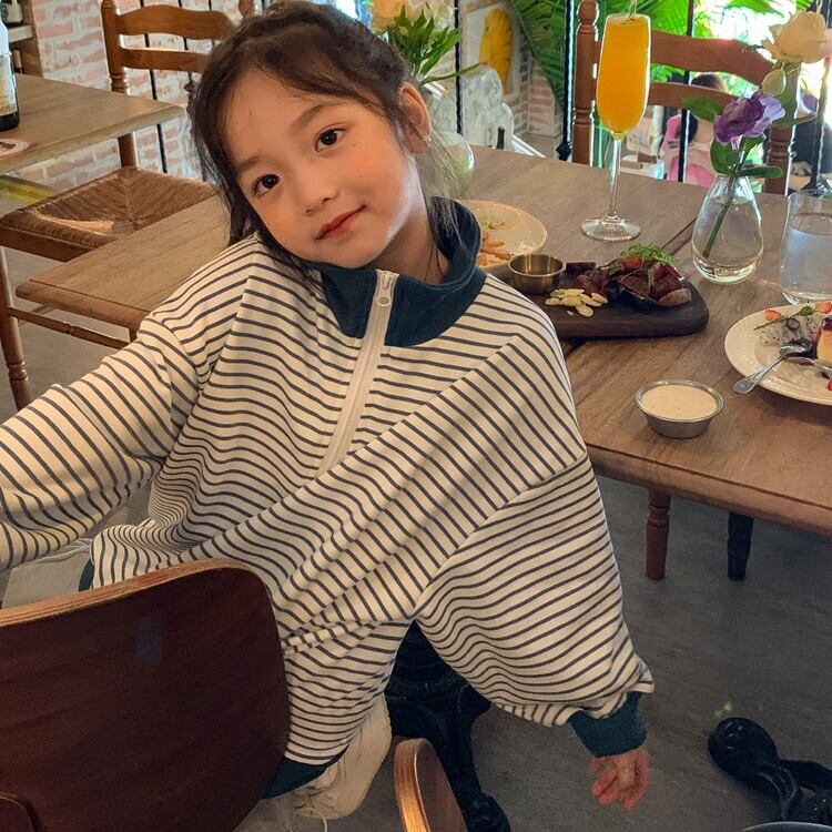 【キッズ 90-150cm】ハーフジッパーボーダートレーナー