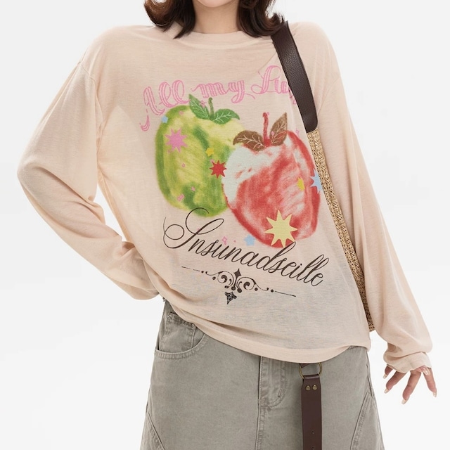 アップルモチーフシアーロングスリーブTシャツ 2col R02546
