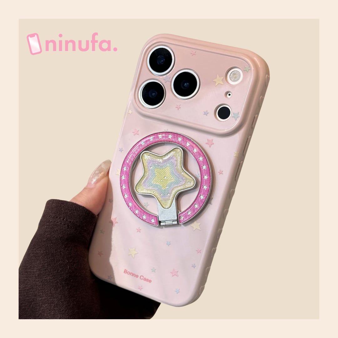 【MagSafe対応】きらめく星々のケース◎かわいい グァバピンク マグネット スタンド スマホグリップ スター柄 スマホケース【iPhone17-11まで対応】ND-16581