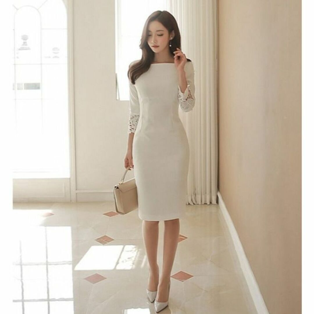 レディース XL ホワイト 白 袖レース タイト ひざ丈 ワンピース 7分袖