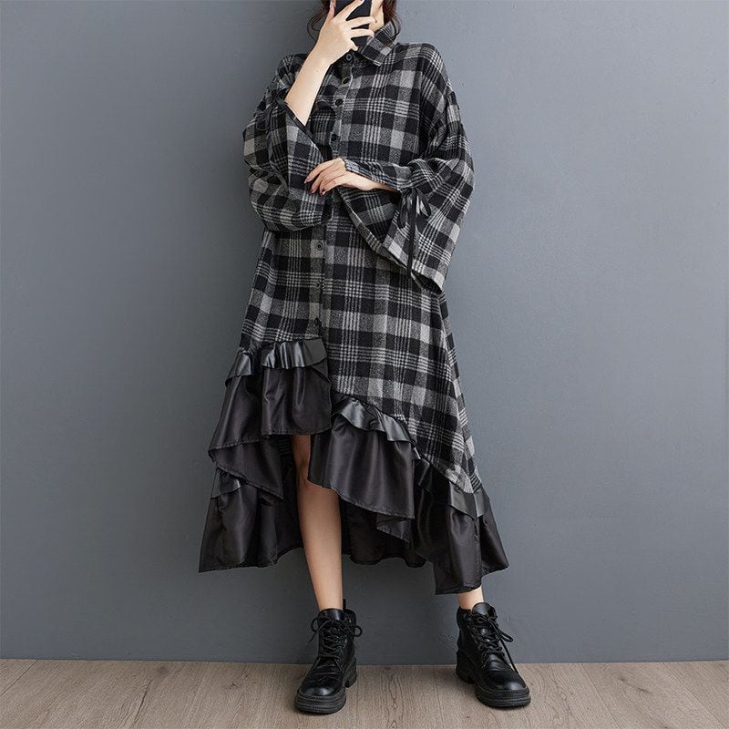 ASYMMETRIC CHECKED RUFFLED LONG SHIRT DRESS M-18727