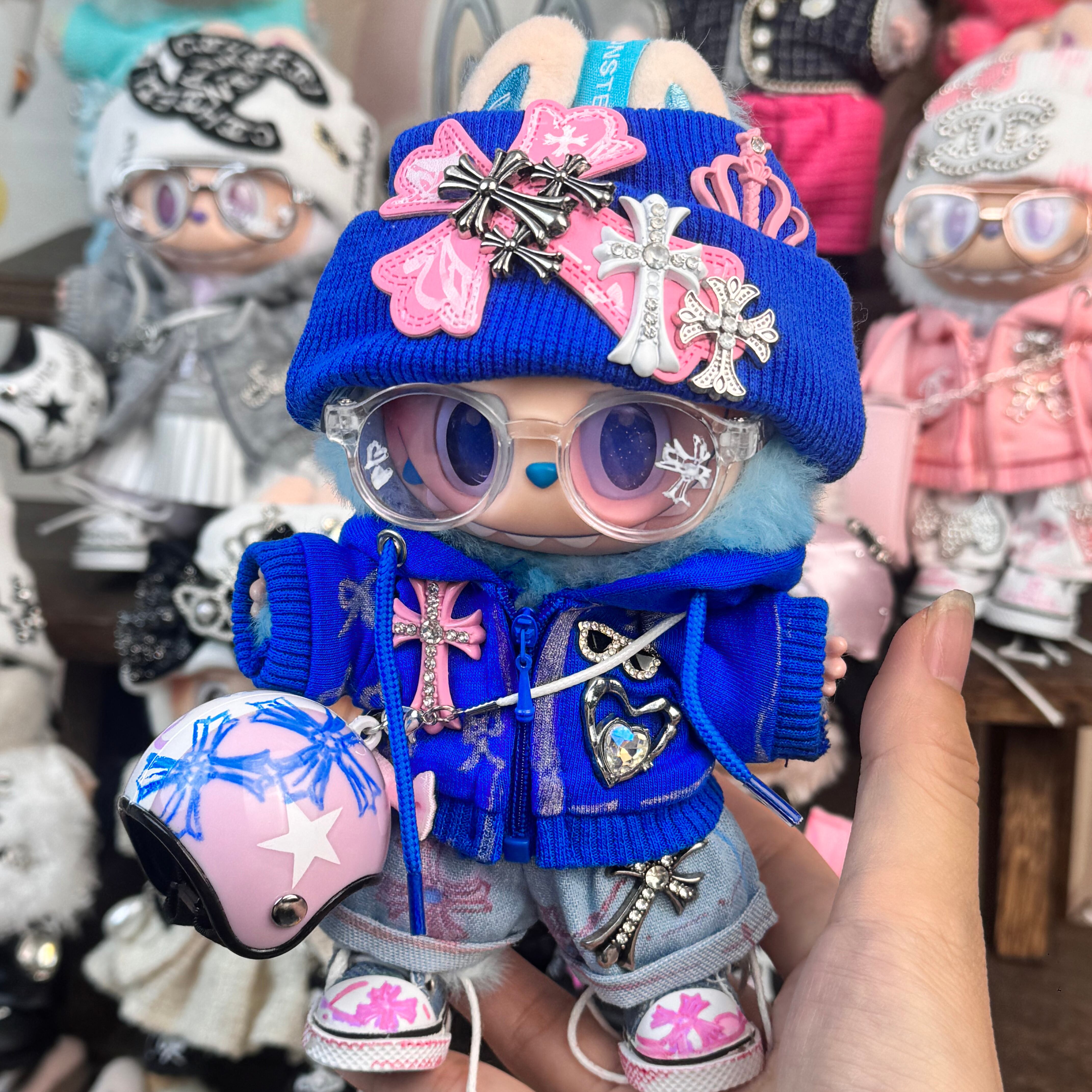 ビビッドカラーで魅せる!大胆フルコーデ Labubu 1.0/2.0/3.0用 15-17cm 個性的 ブルーピンク セットアップ おしゃれ 可愛い クール 個性的 The monsters