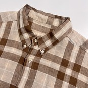 PAPAS パパス リネン100% チェック柄 BD 半袖シャツ L/ブラウン