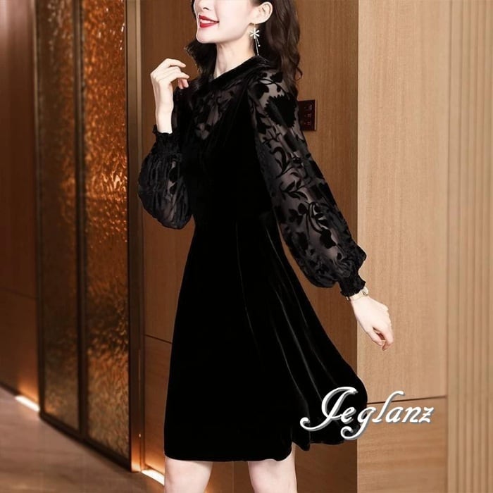 上品 ベルベット調 ワンピース ドレス レース 刺繍 ファンシー(MB045) η