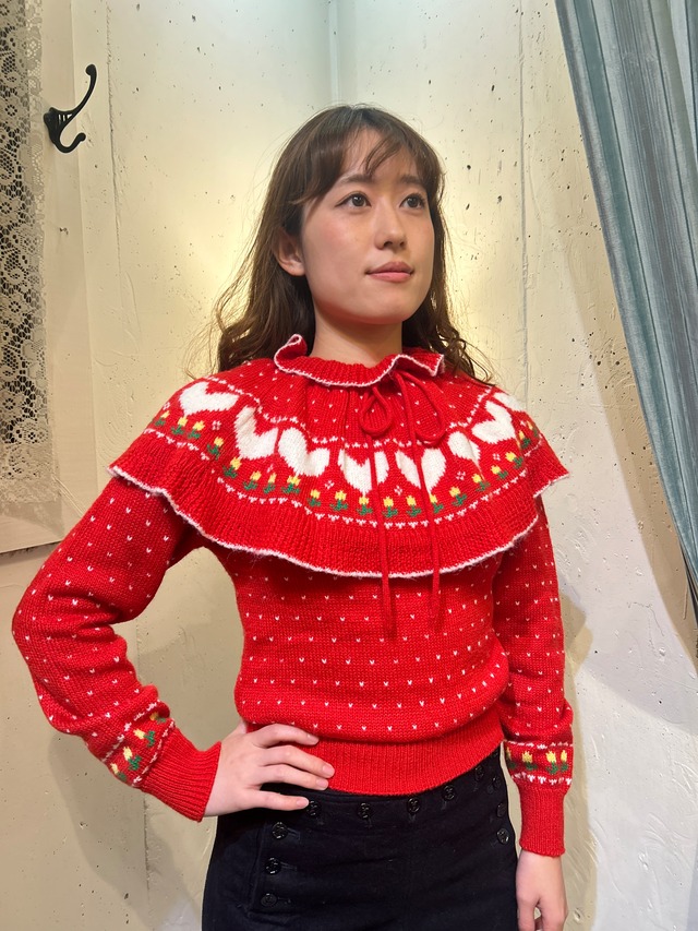 80’s heart & flower red sweater