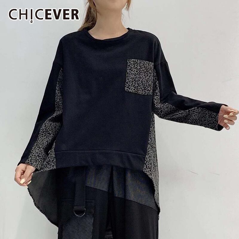 CHICEVERパッチワーク非対称Tシャツ女性oネック長袖ヒョウ柄ルーズTシャツファッション女性服秋 ロング オータム 秋物 6base566704259411