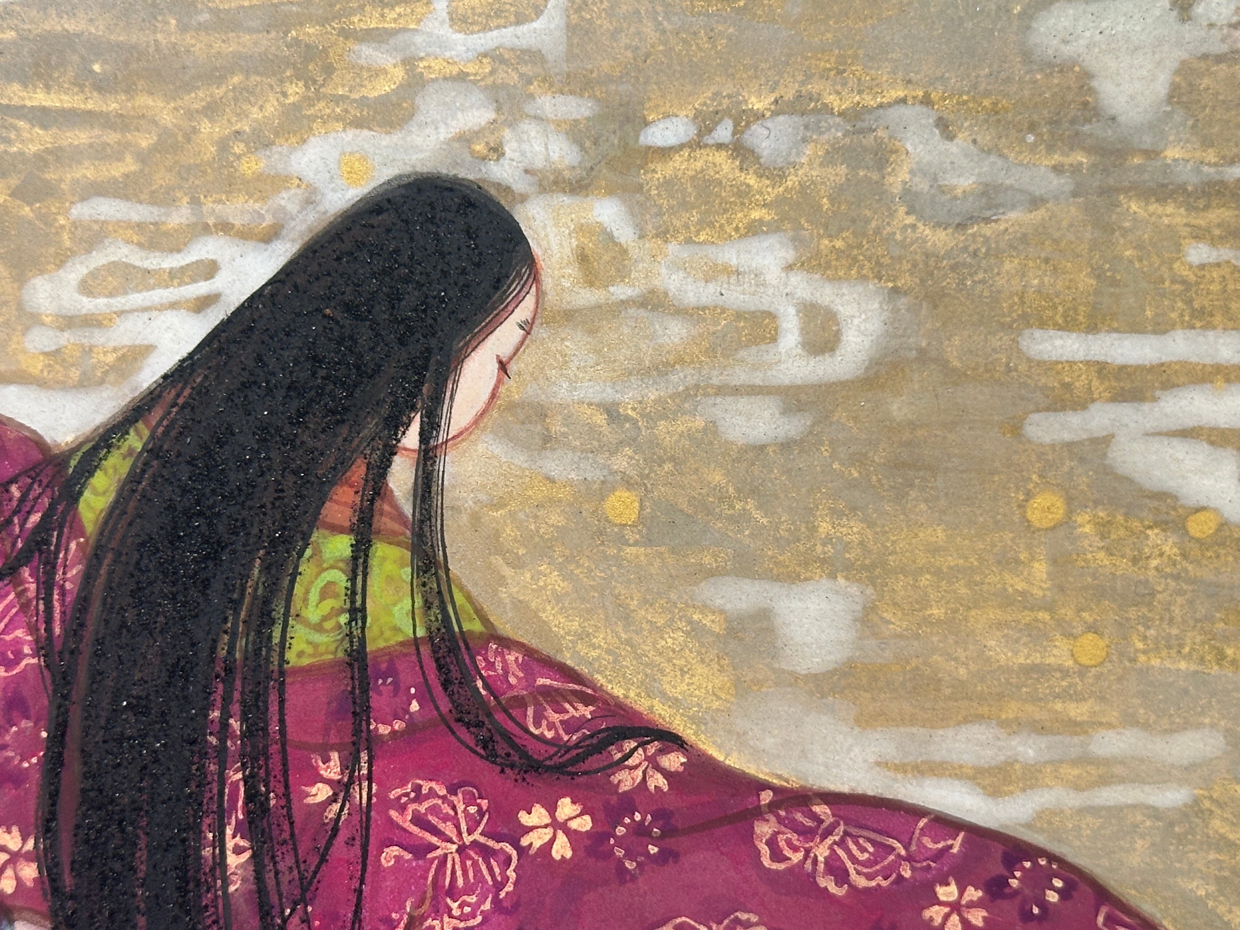 平安絵巻さながら《つゆ玉》十二単美人・伊勢物語の日本画 原画 額装