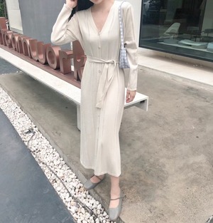 ベルト付き Vネックカーデワンピース　AJ1050-D004