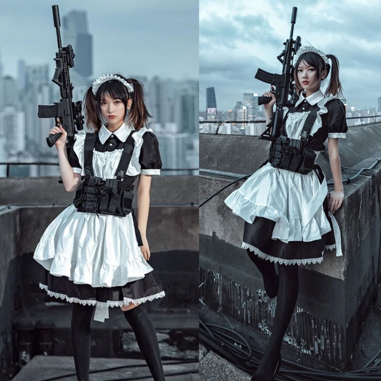 天使と悪魔 サブカル系 メイド服 4点セット ワンピ エプロン 