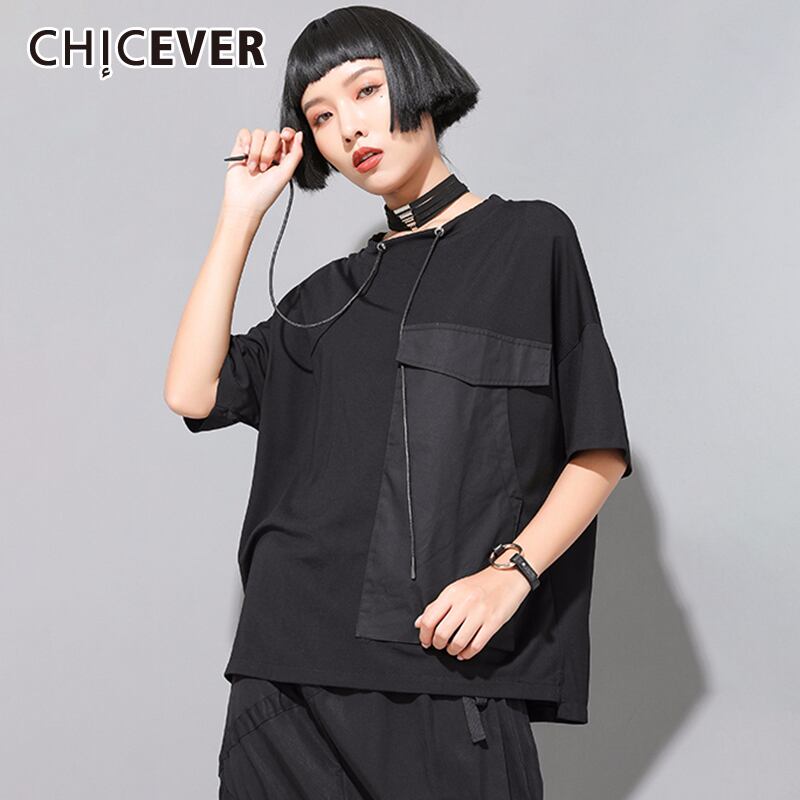 CHICEVER巾着レースアップパッチワーク女性TシャツOネック半袖ポケットルーズオーバーサイズシャツ2020夏 ショート ハーフスリーブ サマー 夏物 6base541576176780