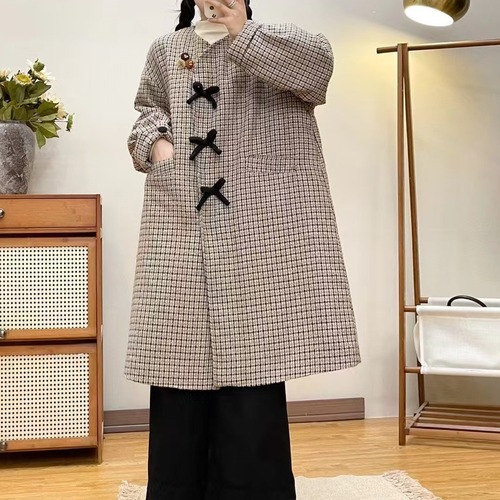 2色／3連リボンチェック柄ロングコート ・12513
