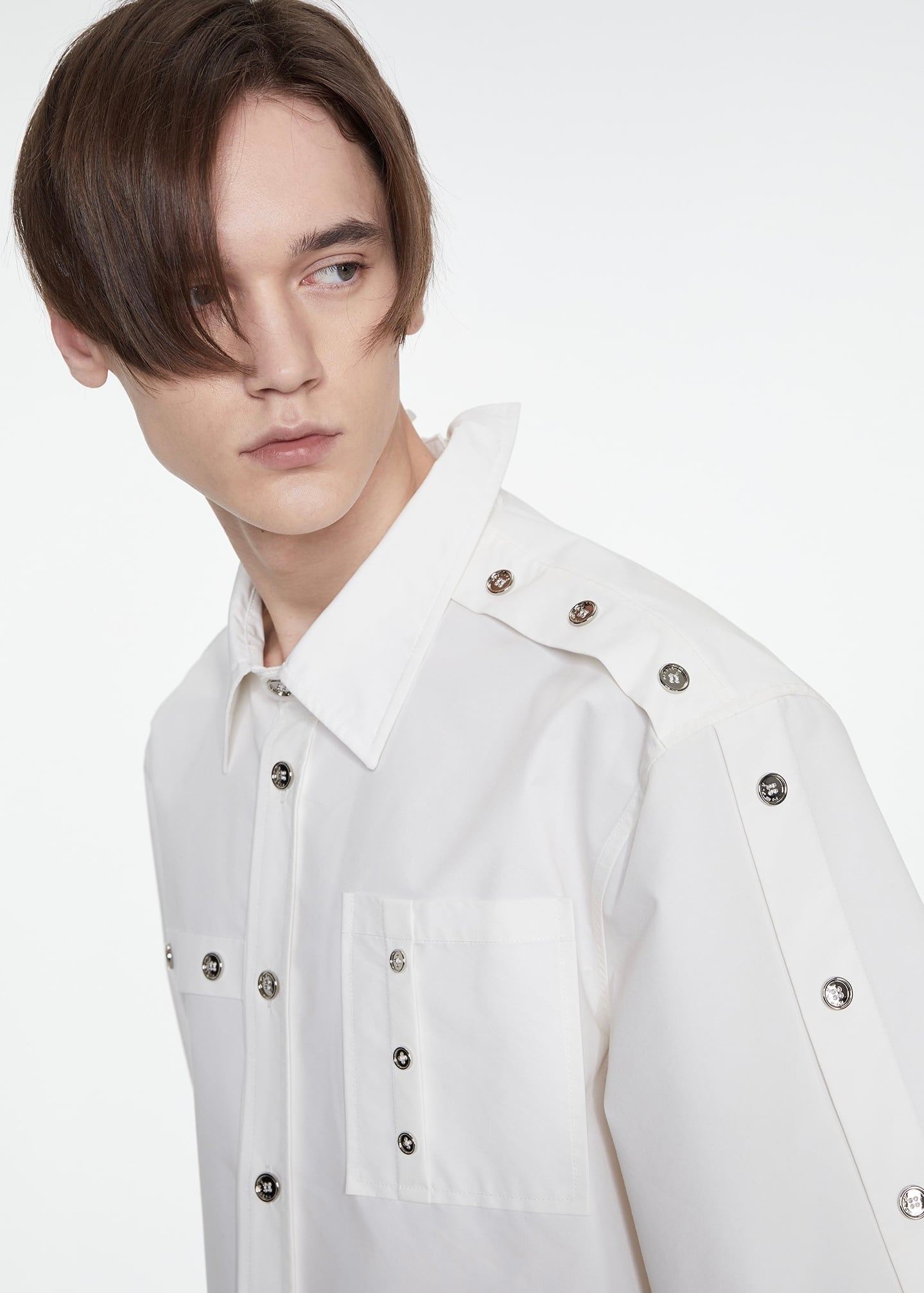 モード シルバーボタン シャツ 2色 パワーショルダー 春 nr8669 WHITE】シルバーメタルボタンシャツ | A CHINL1A -MENS-