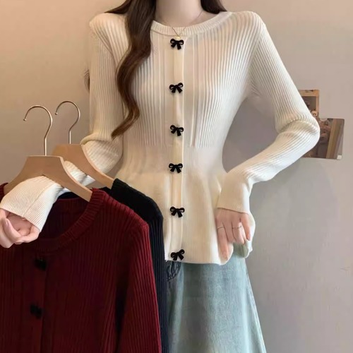 3色／フロントリボンペプラムニットトップス ・73957