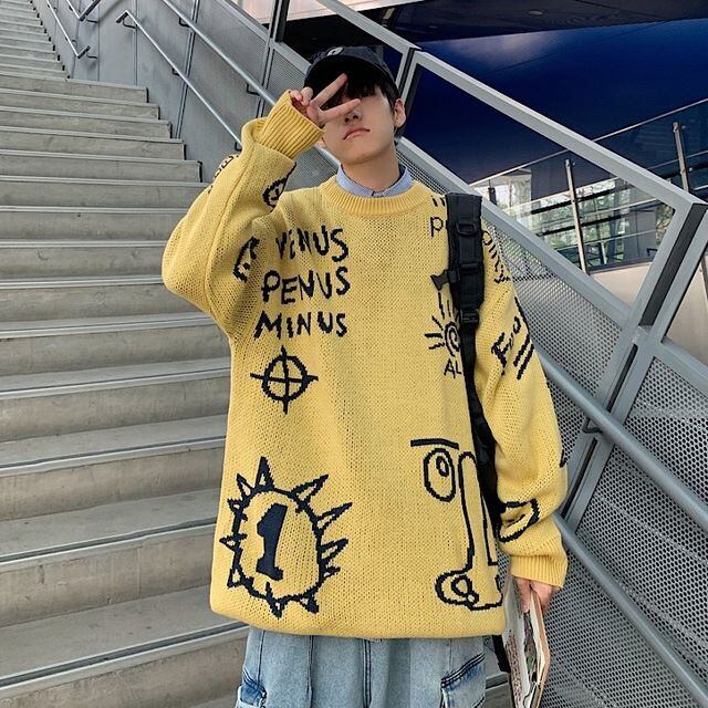 予約販売】ニット オーバーサイズ クルーネック メンズ 落書き柄 予約販売】ニット オーバーサイズ クルーネック メンズ 落書き柄