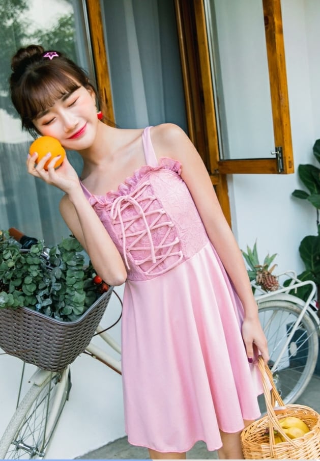 試着のみ♡フリルROSEワンピース Z-20223 水着 ワンピース レースアップ フリル フレア シンプル