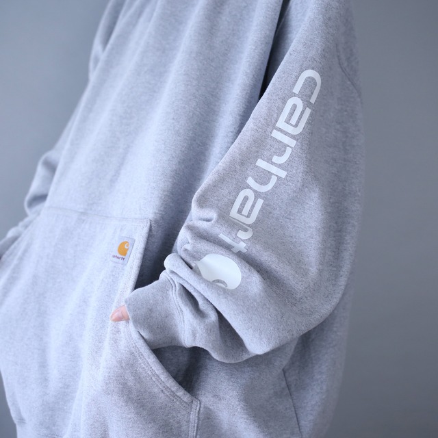"Carhartt" sleeve logo printed XXXXL super over silhouette light gray sweat parka