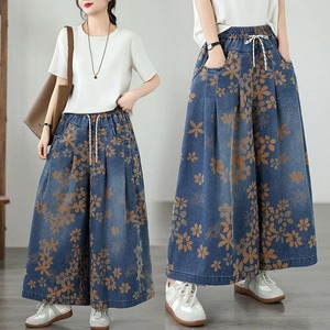 PRINT DENIM DRAWSTIRNG WAIST A-LINE WIDE LEG PANTS 1color M-16589