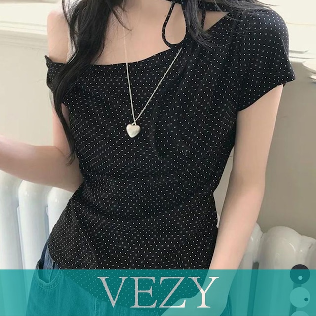 ドット柄tシャツオフショルダートップス夏 チョーカートップス半袖Tシャツレディースおしゃれtシャツアシンメトリー 可愛いリボンタイトップス韓国風セクシーカットソーTシャツ 半袖VEZY ベジー  ItemNo.【23818755】