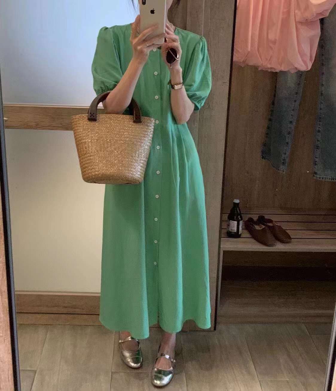 バルーンスリーブ ボタンワンピース　AJ22262-8927