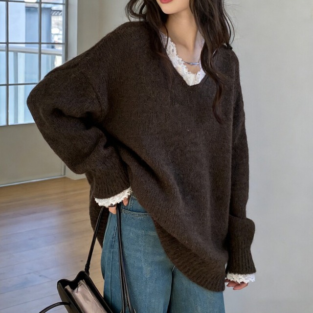 v neck knit with lace trim