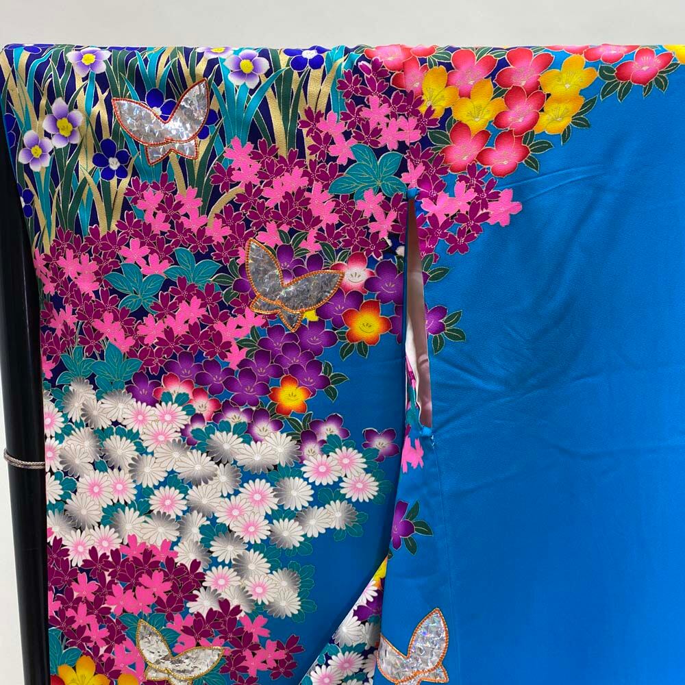 本振袖 引き振袖 正絹 水色 ブルー 桜 ピンク 花柄 古典 刺繍 結婚式 本振袖ブルー水色正絹