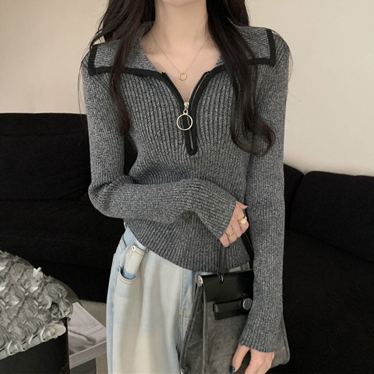 ファスナー付き ニット セーター 長袖 レディース 秋冬 韓国 おしゃれ 大人 カジュアル ハーフジップ リブニット きれいめ トップス インナー 大人可愛い 大人女子