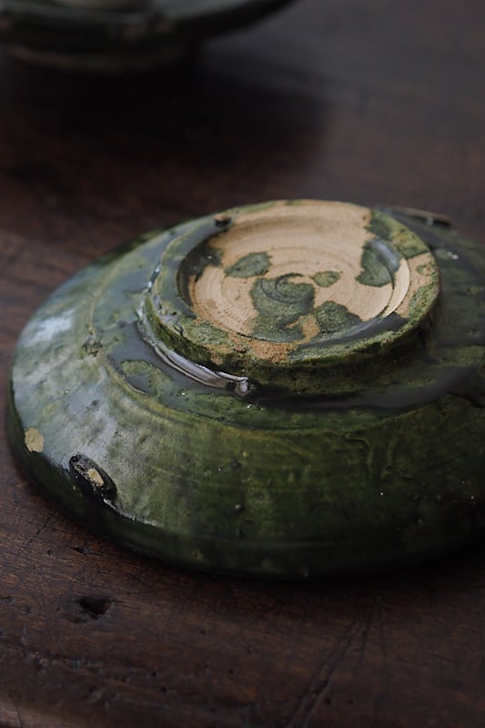 織部グリーン 高台皿-antique pottery plate No.1 | アンティーク