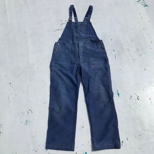 50's A ST MICHEL フレンチ モールスキン ワーク オーバーオール ローバック インクブルー フェード W40 ラッカーボタン ユーロ 希少 ヴィンテージ