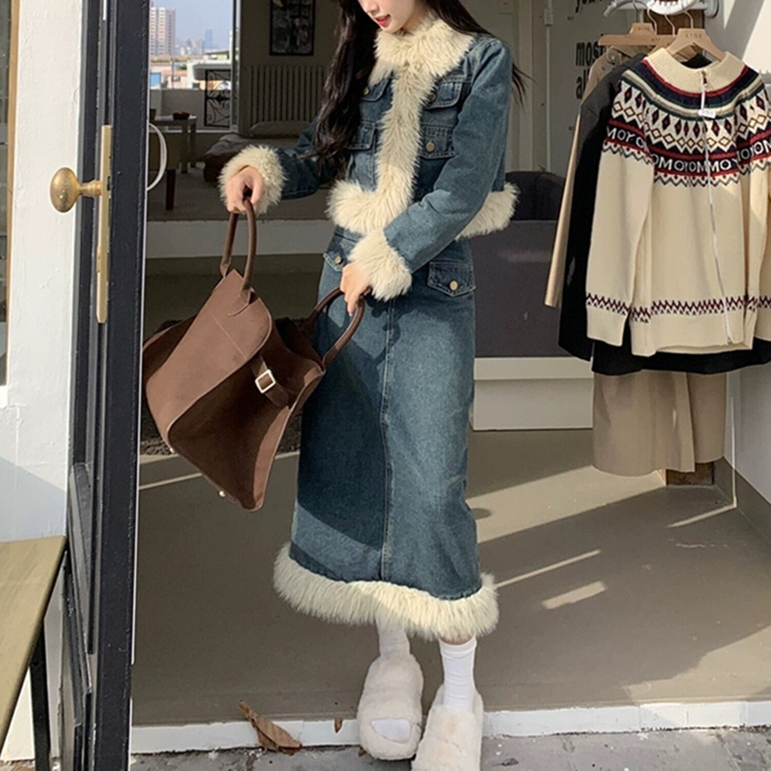 set】ファー付きデニムジャケット×ロング丈スカートセット N2332