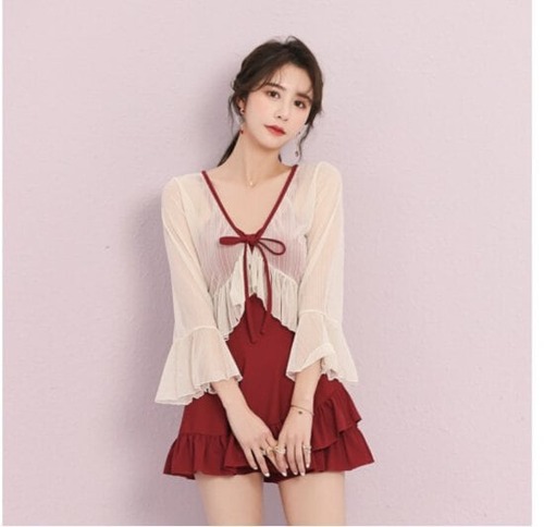水着 タンキニ 2点セット レッド レース 透け感 ブラウス レディース 大人可愛い リボン セクシー 韓国風 オルちゃん 海水浴 プール フリルスカート 体型カバー 10代 20代 30代　