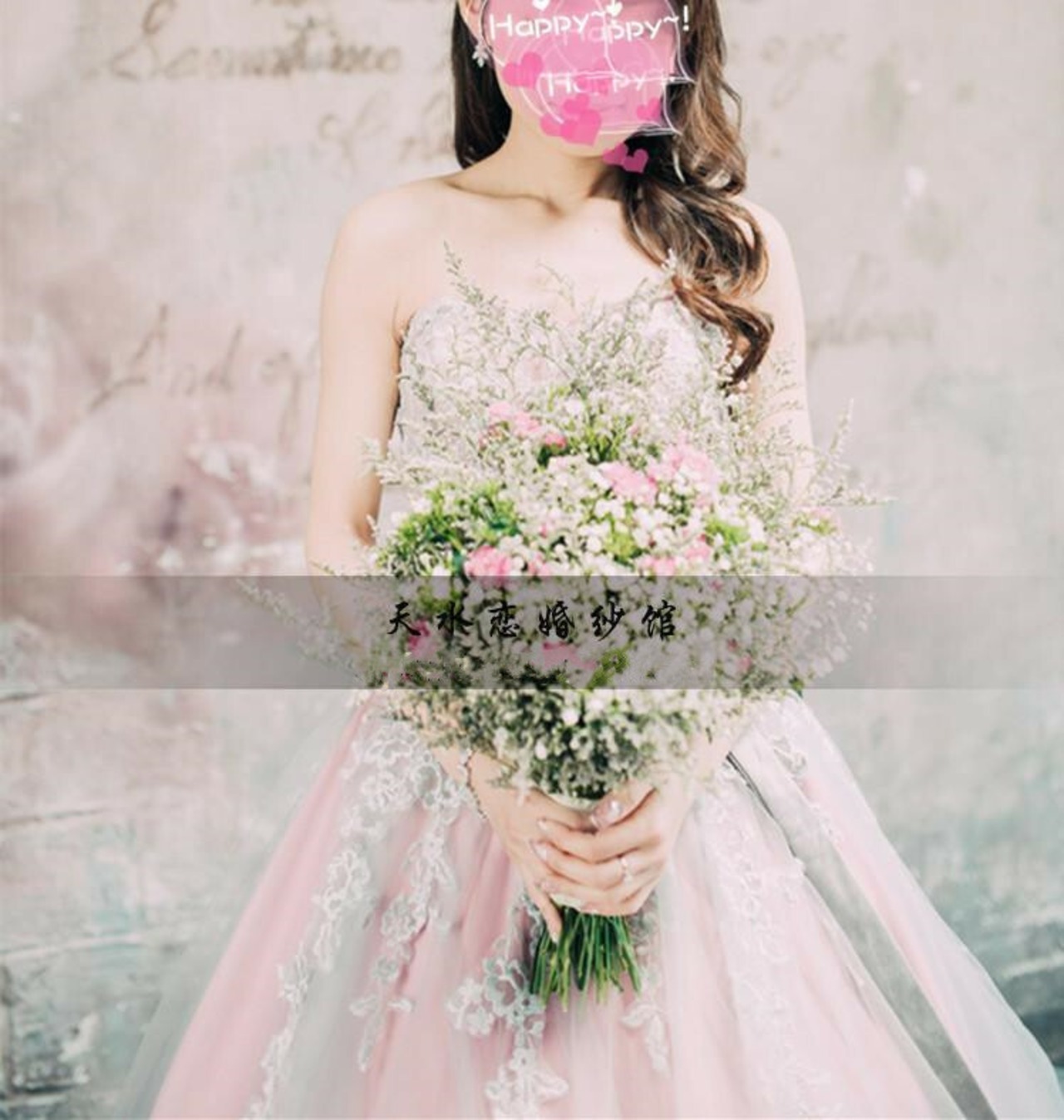 カラードレス ピンク ベアトップ 繊細レース バックリボン 編み上げ  