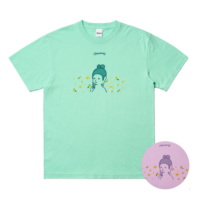半跏思惟と山吹 Tシャツ (刺繍) 5.6oz メロン / ライトパープル