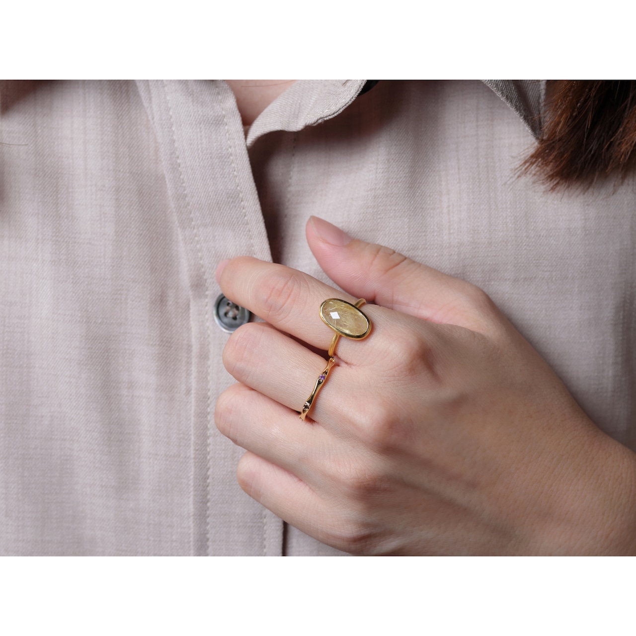 S925 SINGLE STONE MATT RING -GOLD RUTILE QUARTZ-
