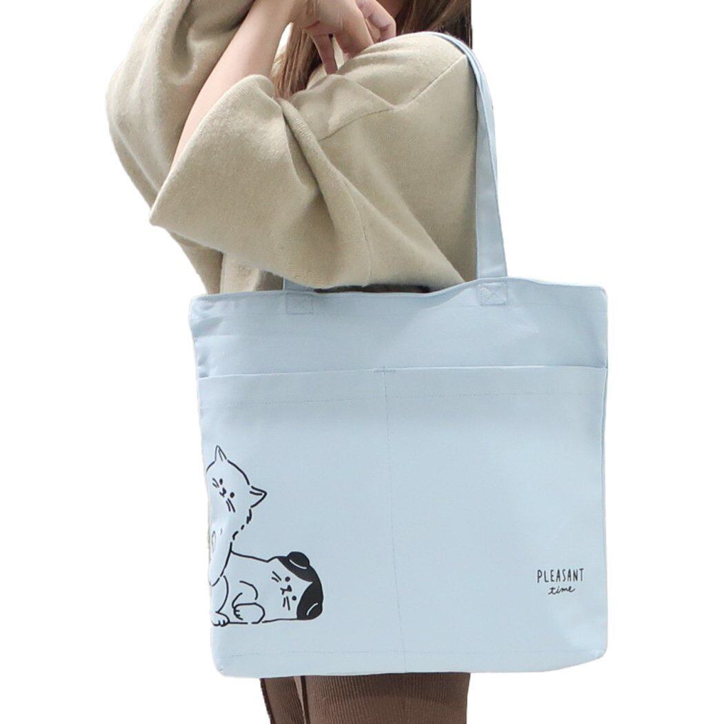 【トートバッグ】トレンドポケット付きトート ヨコ 猫(ネコ)